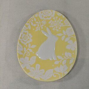 Magenta Bunny Rabbit Egg Shaped Plate Damask Yellow White Floral Ceramic 8x6"